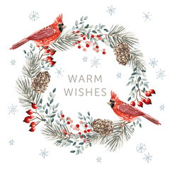 Christmas wreath with red cardinal birds, white background. Green pine, fir twigs, cedar cones, red berries, snowflakes. Vector illustration. Nature design. Greeting card, poster template. Winter Xmas - 401569741