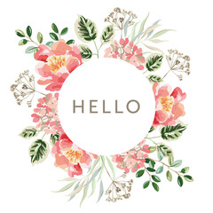 Wreath of pink peony flowers, forest green leaves, white background. Wedding invitation round frame. Vector illustration. Floral arrangement. Design template greeting card, text Hello