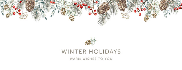 Christmas nature design border, text Winter Holidays, white background. Green pine, fir twigs, cedar cones, red berries. Vector illustration. Greeting banner template. Xmas forest - 401569773