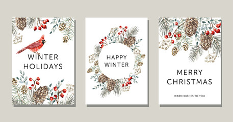 Christmas nature design greeting cards template, round frame, text, white background. Green pine, fir twigs, cedar cones, red berries, cardinal bird. Vector xmas illustration. Winter forest