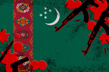 Turkmenistan flag and guns in red blood. Concept for terror attack and military operations