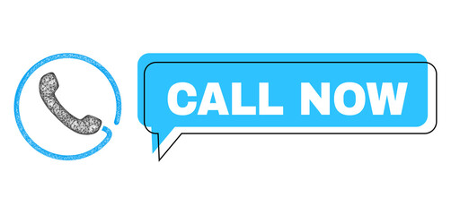 Chat Call Now blue cloud frame and wire frame phone. Frame and colored area are misplaced to Call Now phrase, which is located inside blue colored cloud. Vector quote title inside chat frame.