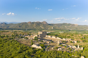 Aspendos ancient city ruins. Belkiz, Antalya, Turkey. Aerial view