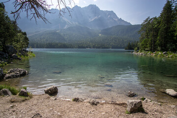 beautiful lake view to eibsee and zugspitze, bavarian landmark