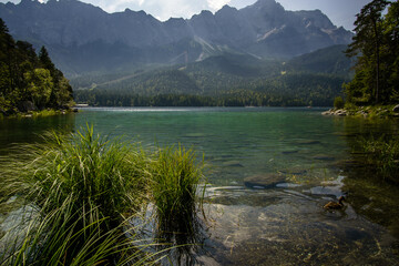 beautiful lake view to eibsee and zugspitze, bavarian landmark