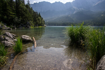 beautiful lake view to eibsee and zugspitze, bavarian landmark