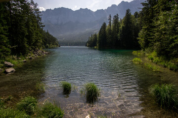 beautiful lake view to eibsee and zugspitze, bavarian landmark