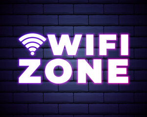 Purple neon wi-fi sign. Vector silhouette of neon wi-fi zone consisting of outlines, with backlight on the dark background