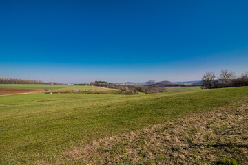 Fototapeta na wymiar Green field with agriculture meadow and blue sky. Panoramic view to grass on the hill on sunny spring day