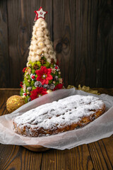Christmas Stollen on a wooden table.