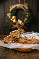 Christmas Stollen on a wooden table.