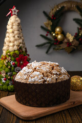 Panettone holiday cake on a wooden background
