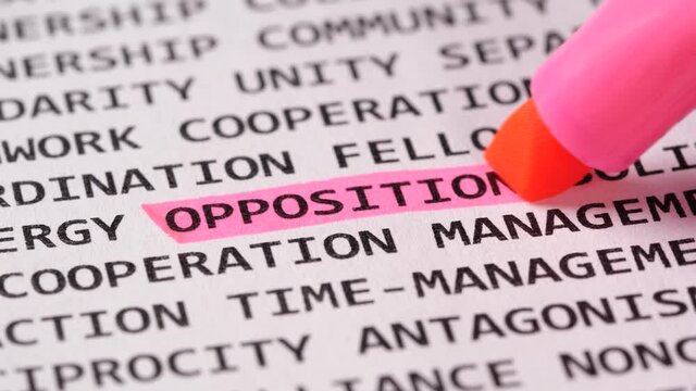Word Opposition highlighted with a pink marker. Highlighter among different Opposition association terms