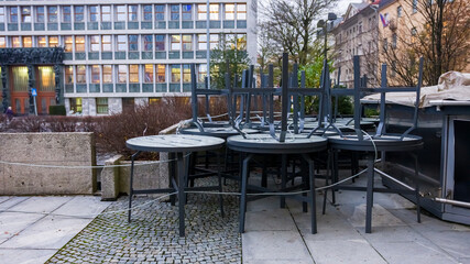 Closed and empty bars, restaurants and cafes due to Coronavirus in the Ljubljana city, Slovenia.