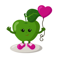 Cute smiling apple with sneakers holding heart balloon. Colorful kawaii fruit emoticon. Isolated vector illustration in flat design.	