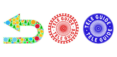 Turn left collage of New Year symbols, such as stars, fir trees, color spheres, and TELE GUIDE rough stamp prints. Vector TELE GUIDE stamp seals uses guilloche pattern,