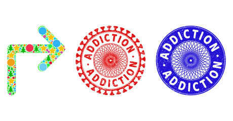Turn right collage of Christmas symbols, such as stars, fir trees, multicolored round items, and ADDICTION rough stamp seals. Vector ADDICTION watermarks uses guilloche ornament,