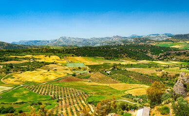 Fototapeta na wymiar Mountaintop Spanish town Ronda, one of the most visited in Andalusia, offers stunning views of the Tajo gorge.