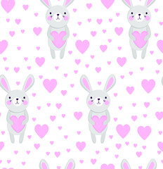 Scandinavian hand drawn vector seamless pattern with bunny rabbit and hearts. Simple flat style romantic background with cute animal character for Valentines day, Easter greeting card, children fabric