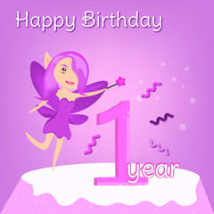 1 year happy birthday card with fairy