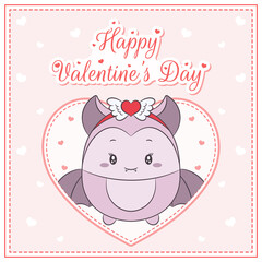 happy valentines day cute bat drawing post card with hearts