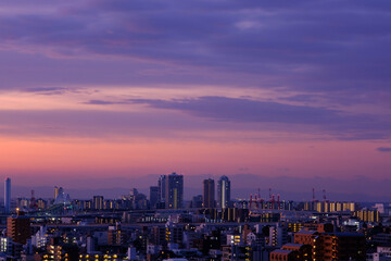 Fototapeta na wymiar 神戸岡本梅林公園から夜明け前の市街地。太陽が昇る前、空は紫色に染まり高層ビルがシルエットで浮かぶ