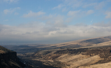 Beautiful landscape in the mountains with yellow grass, gray-blue clouds and a soaring eagle