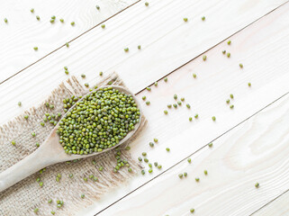 Mung beans on wooden ladle with blur image of wood background. raw food for health concept.