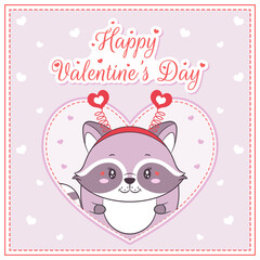 Obraz premium happy valentines day cute racoon boy drawing post card with hearts