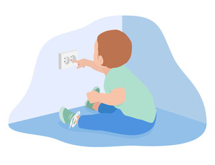 Obraz premium The kid left alone sits on the floor and touches the socket with his fingers. Accident prevention, safety concept