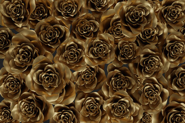 3d rendering of a lot of golden roses. Flat lay of minimal flower style concept