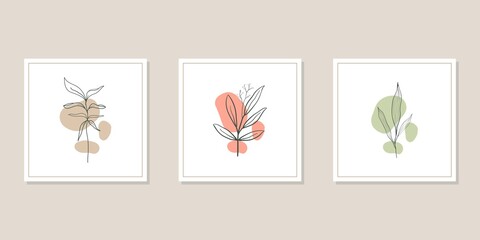 Fototapeta na wymiar Set of Botanical wall art vector illustration. Abstract shape with Tropical Line art drawing and trendy contemporary composition. Abstract design for poster, cover, print, wallpaper