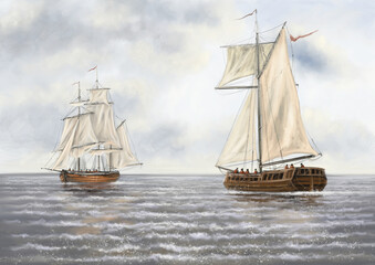 Sailing ship on the sea. Oil paintings landscape, fine art