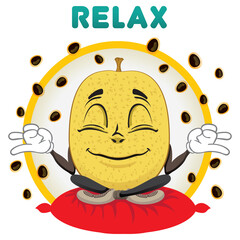 Mascot passion fruit meditating and relaxing. Ideal for children's and informative stories