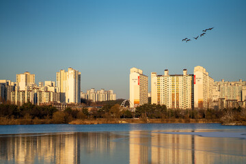 Views of the lake, bridge and city