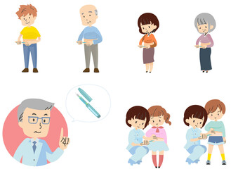 インスリン注射と医療関係者のイラストセット