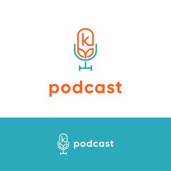 Initial letter K Podcast audio record logo design vector. Modern flat minimalist concept