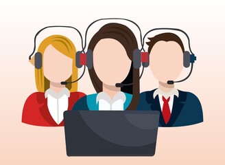 Vector of three operator using headphones doing telemarketing job