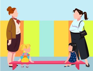 Vector of mothers standing and their daughters sitting on a pink bench