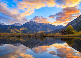 Fototapeta na wymiar Orange Sunset Reflection at Twin Lakes, Colorado