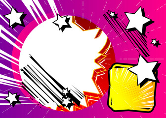 Cartoon design colored background. Comic book illustration with speech bubbles and other elements. Vector comics backdrop for poster. Social media post template.