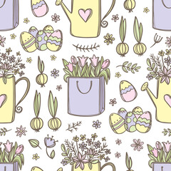EASTER PACKAGE With Festive Spring Bouquet Tulips Spring Flowers In Watering Can And Easter Eggs Hand Drawn Seamless Pattern Vector Illustration For Print
