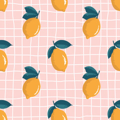 Vector seamless summer pattern with lemons on retro geometry background.