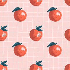 Vector seamless summer pattern with oranges on retro geometry background.