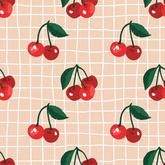Vector seamless summer pattern with cherries on retro geometry background.