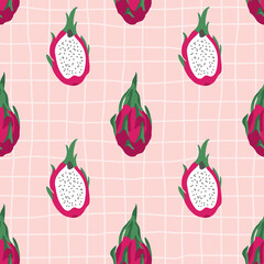 Vector seamless summer pattern with dragon fruits on retro geometry background.