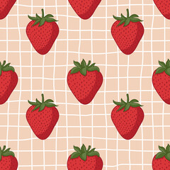 Vector seamless summer pattern with strawberries on retro geometry background.