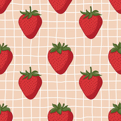 Vector seamless summer pattern with strawberries on retro geometry background.