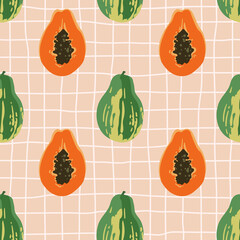 Vector seamless summer pattern with papayas on retro geometry background.