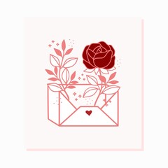 Valentine's day card template with rose flower, leaf branch, heart, and envelope element